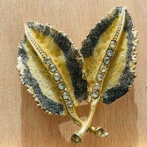 Gold and Black Leaf Brooch with Crystals